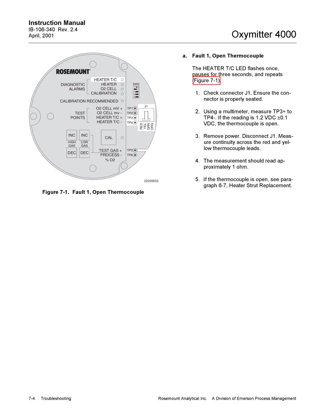 Emerson Process Management IB106-340 instruction manual Fault 1, Open Thermocouple 