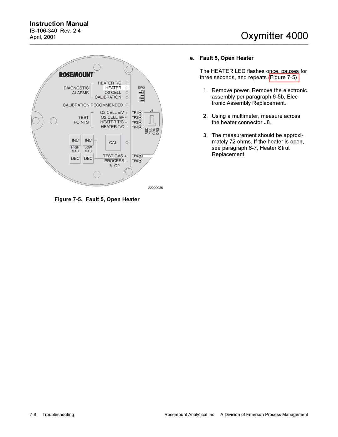 Emerson Process Management IB106-340 instruction manual Fault 5, Open Heater 