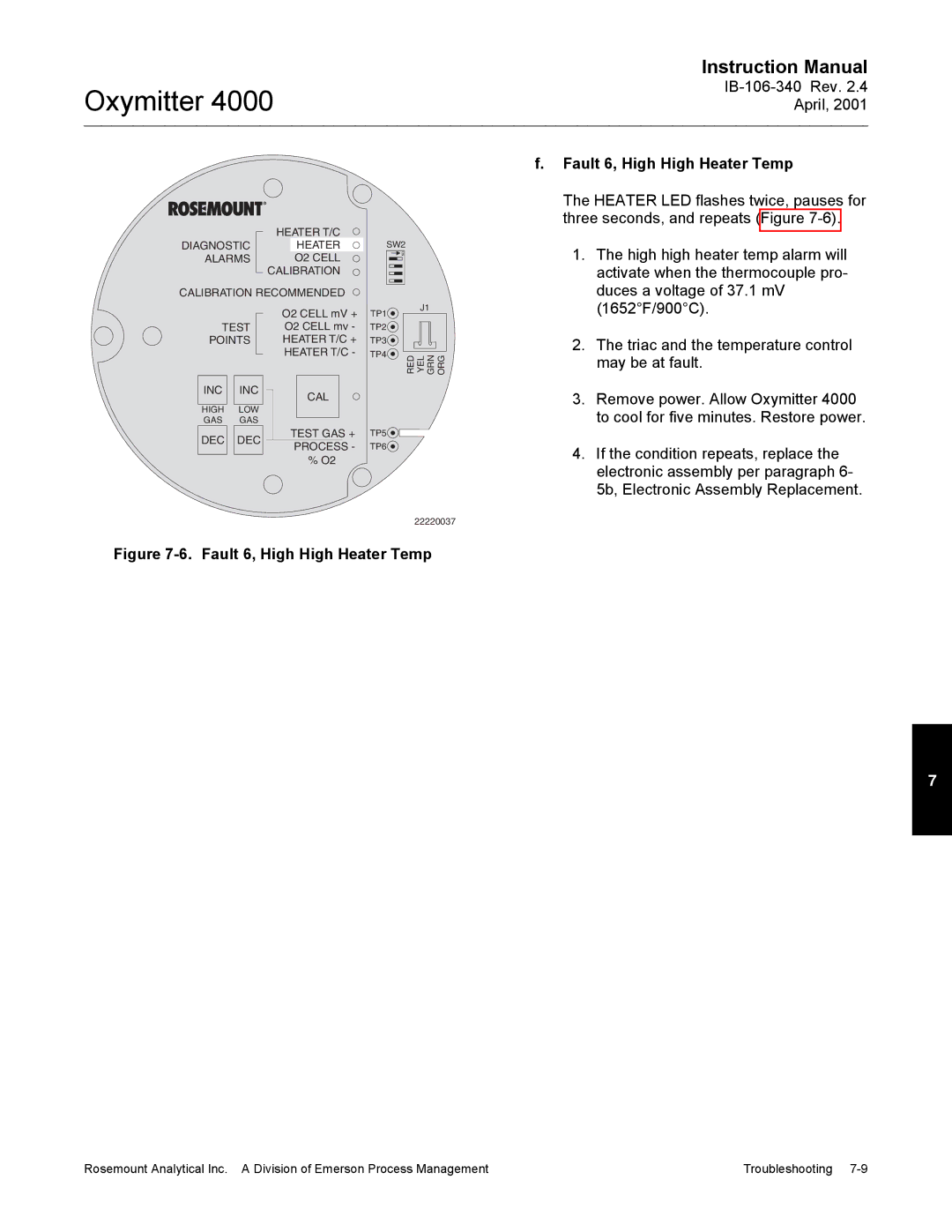 Emerson Process Management IB106-340 instruction manual Fault 6, High High Heater Temp 