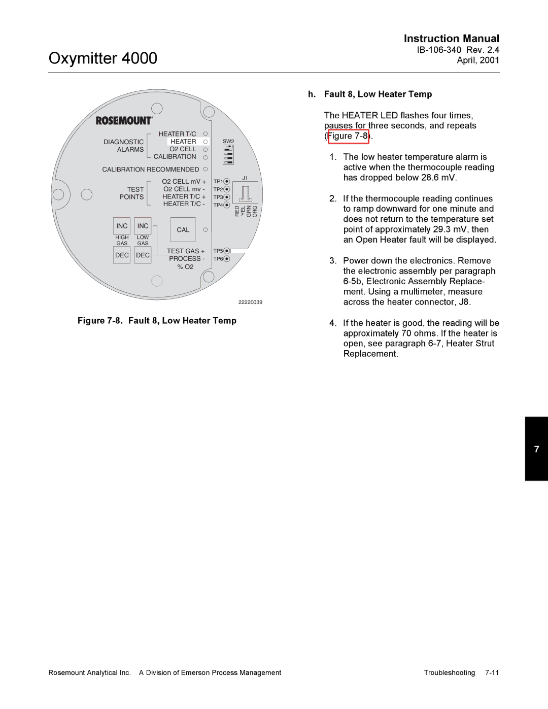 Emerson Process Management IB106-340 instruction manual Fault 8, Low Heater Temp 