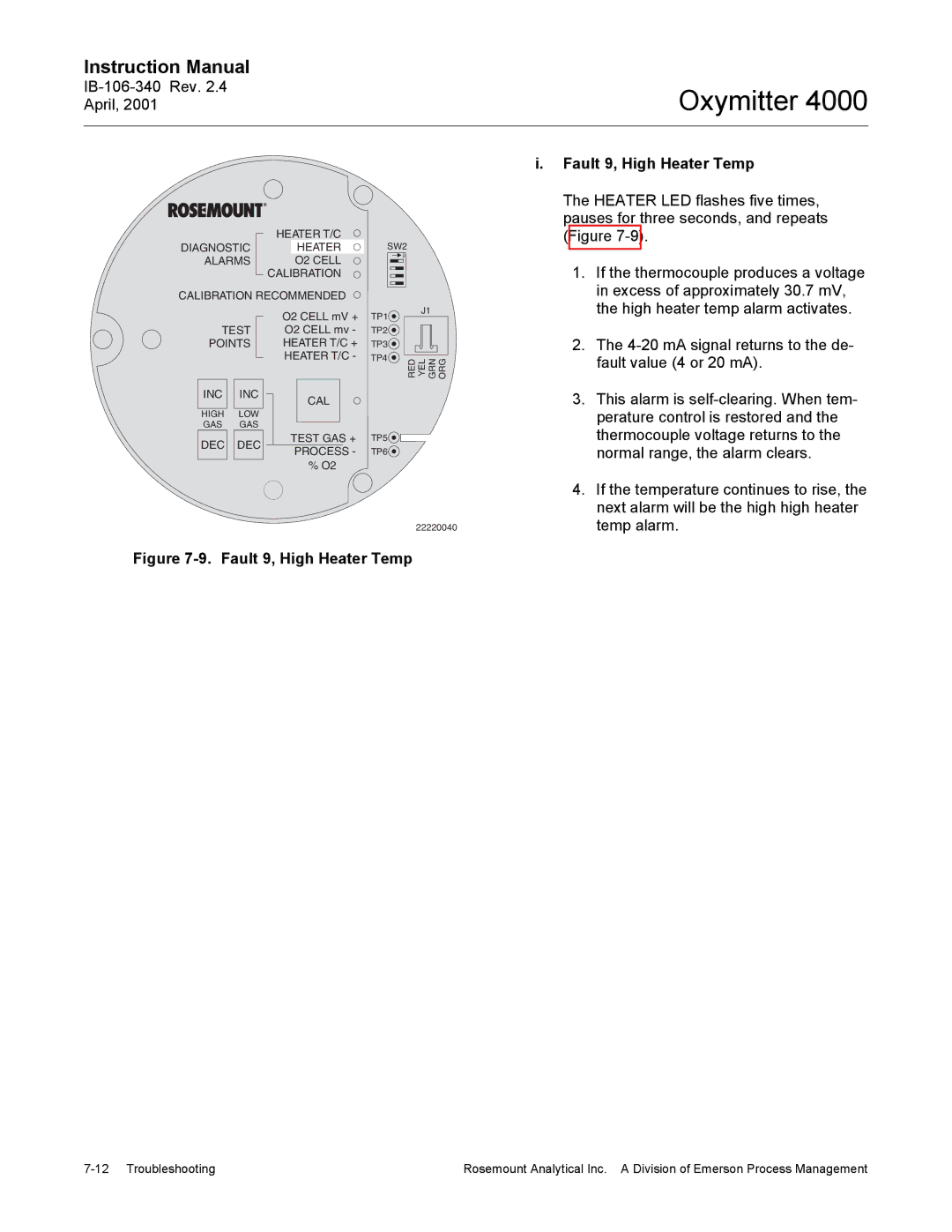 Emerson Process Management IB106-340 instruction manual Fault 9, High Heater Temp 