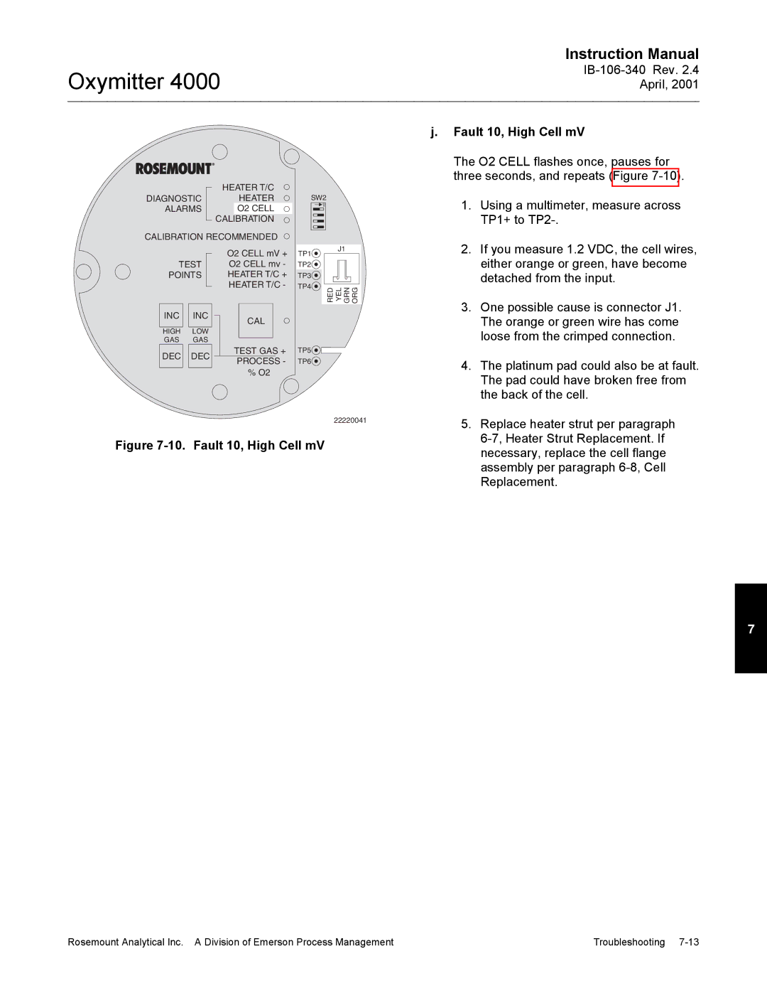 Emerson Process Management IB106-340 instruction manual Fault 10, High Cell mV 