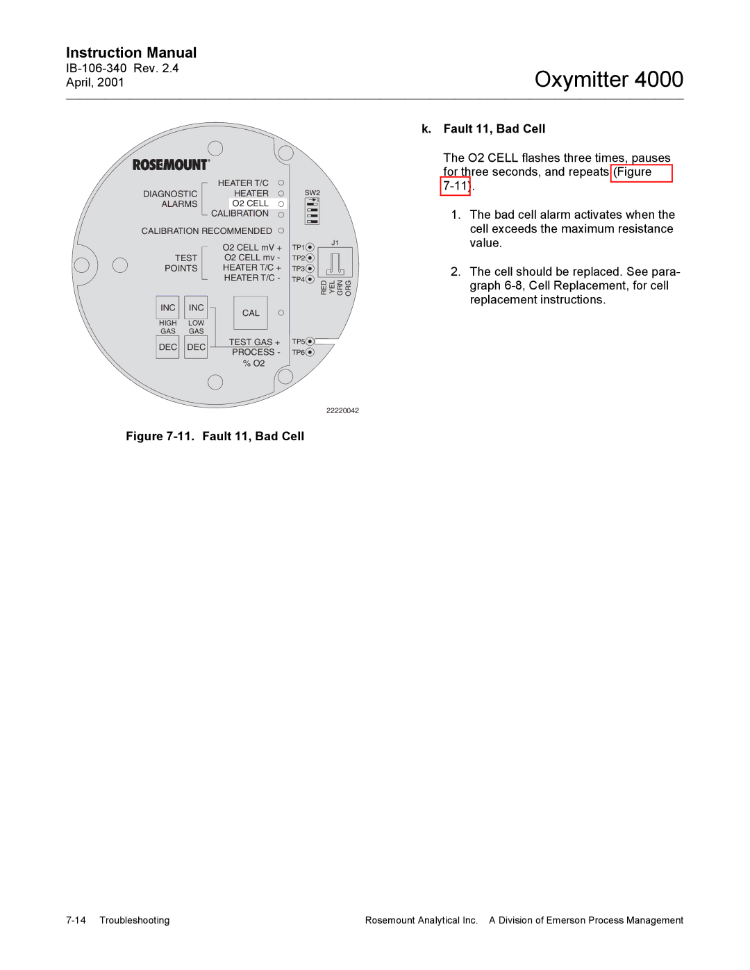 Emerson Process Management IB106-340 instruction manual Fault 11, Bad Cell 