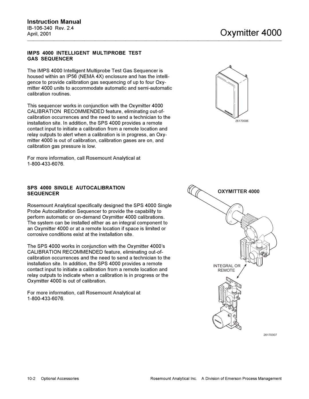 Emerson Process Management IB106-340 instruction manual Imps 4000 Intelligent Multiprobe Test GAS Sequencer, Oxymitter 