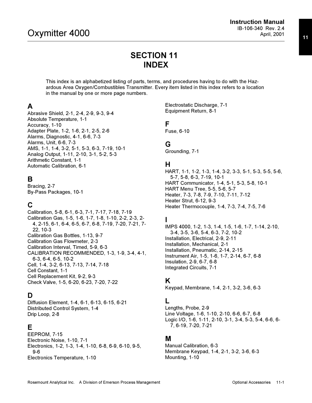 Emerson Process Management IB106-340 instruction manual Section Index, IB-106-340 Rev 