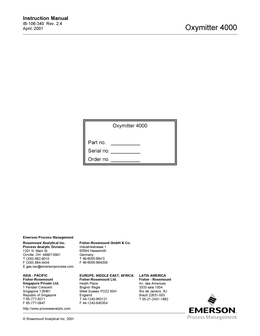 Emerson Process Management IB106-340 instruction manual Oxymitter Serial no Order no 