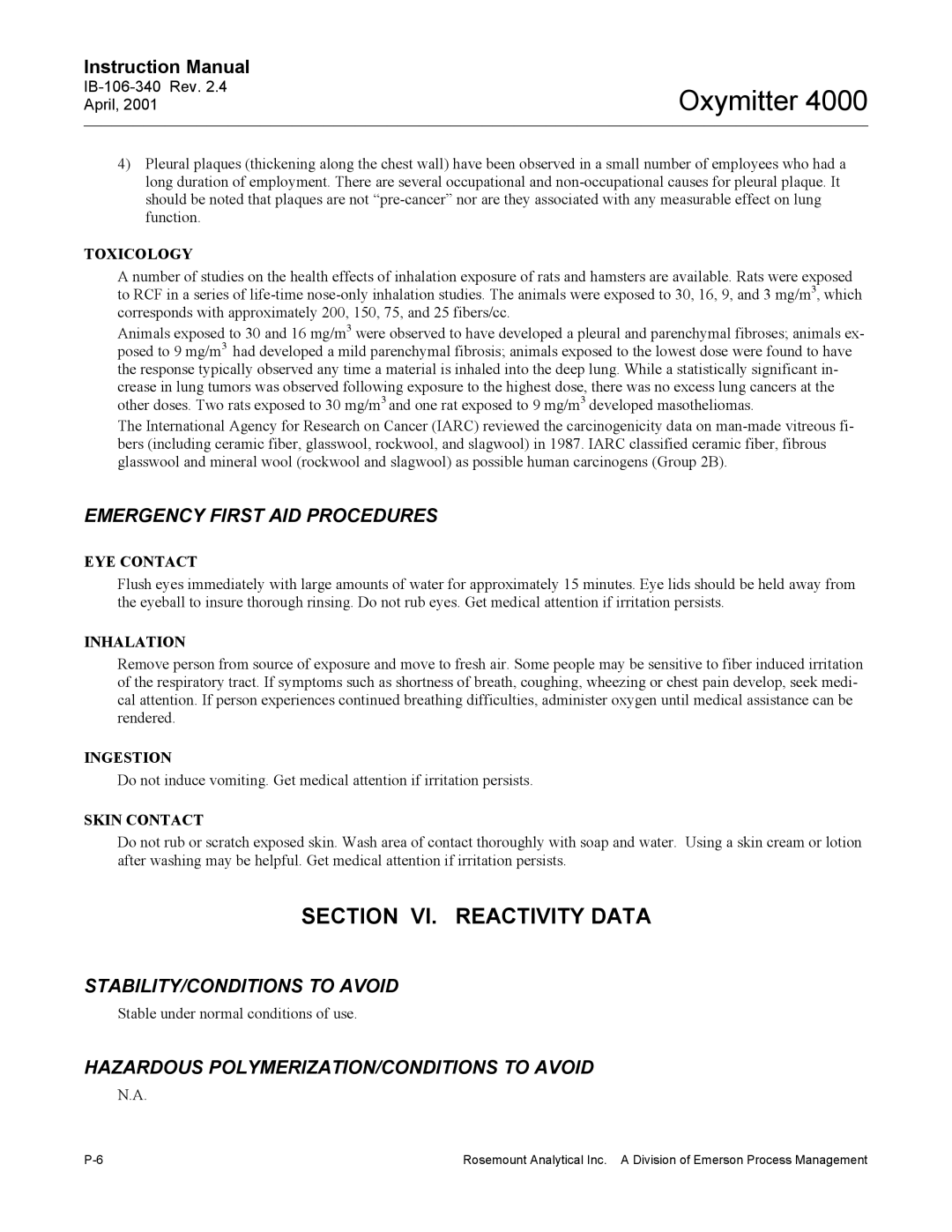 Emerson Process Management IB106-340 instruction manual Section VI. Reactivity Data 