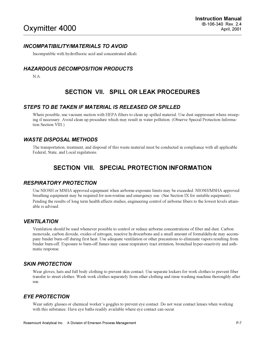 Emerson Process Management IB106-340 instruction manual Section VII. Spill or Leak Procedures 