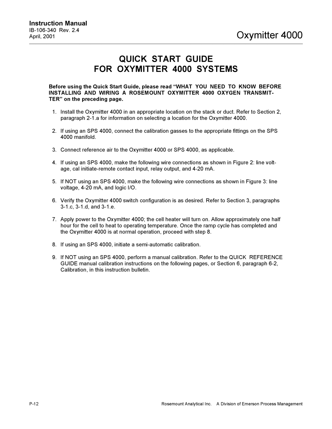 Emerson Process Management IB106-340 instruction manual Quick Start Guide For Oxymitter 4000 Systems 