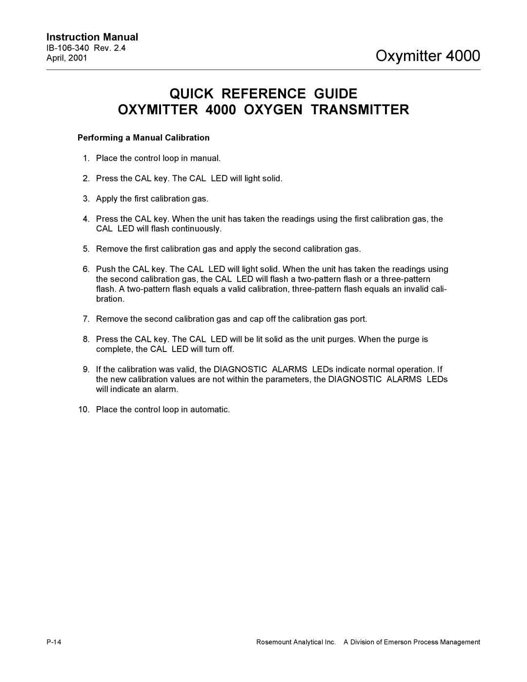 Emerson Process Management IB106-340 instruction manual Quick Reference Guide Oxymitter 4000 Oxygen Transmitter 