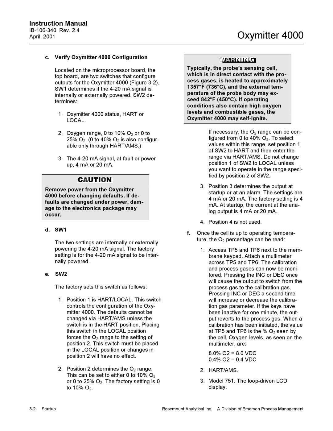 Emerson Process Management IB106-340 Verify Oxymitter 4000 Configuration, SW2, Model 751. The loop-driven LCD display 