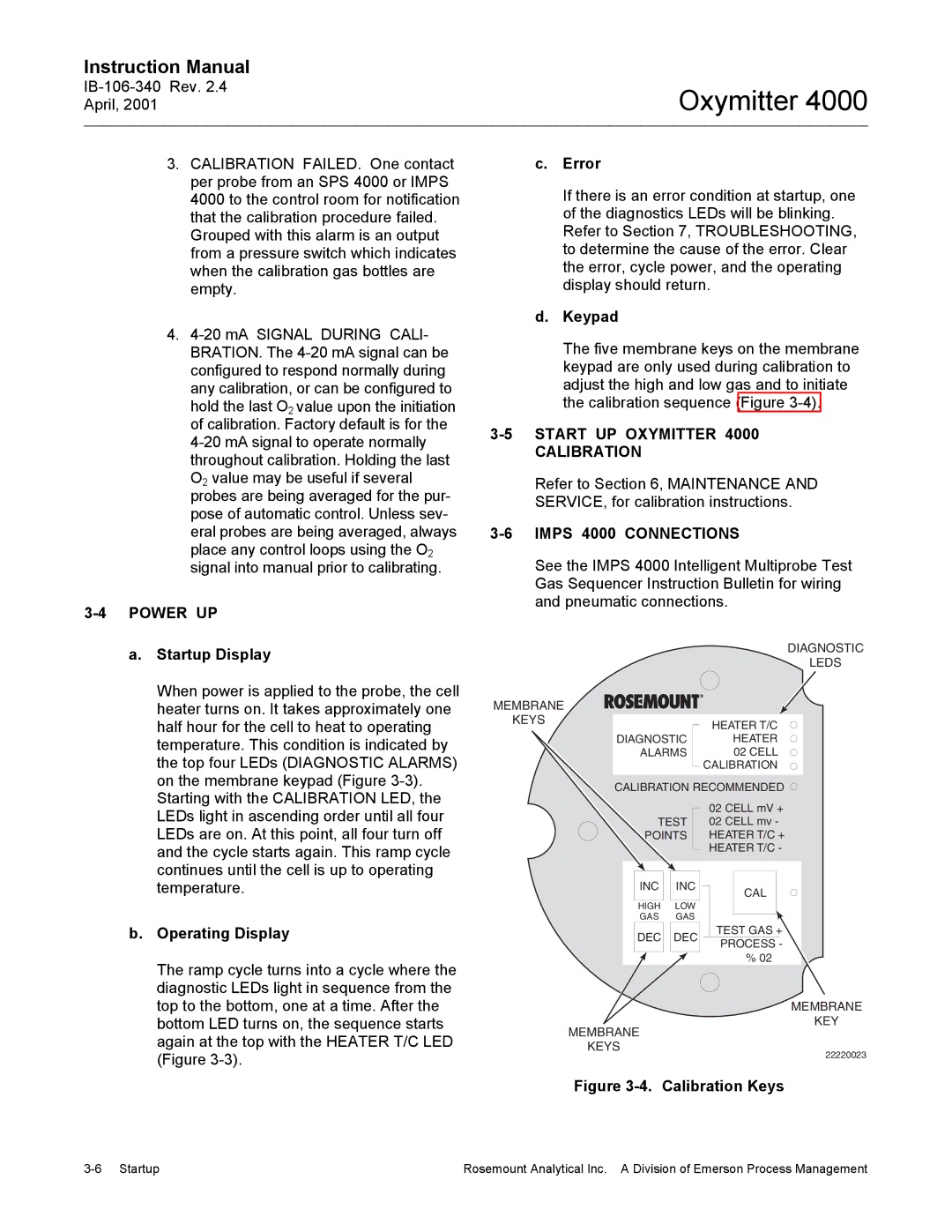 Emerson Process Management IB106-340 Power UP, Start UP Oxymitter 4000 Calibration, Imps 4000 Connections 