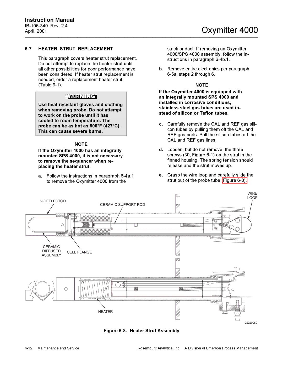 Emerson Process Management IB106-340 instruction manual Heater Strut Replacement, Heater Strut Assembly 