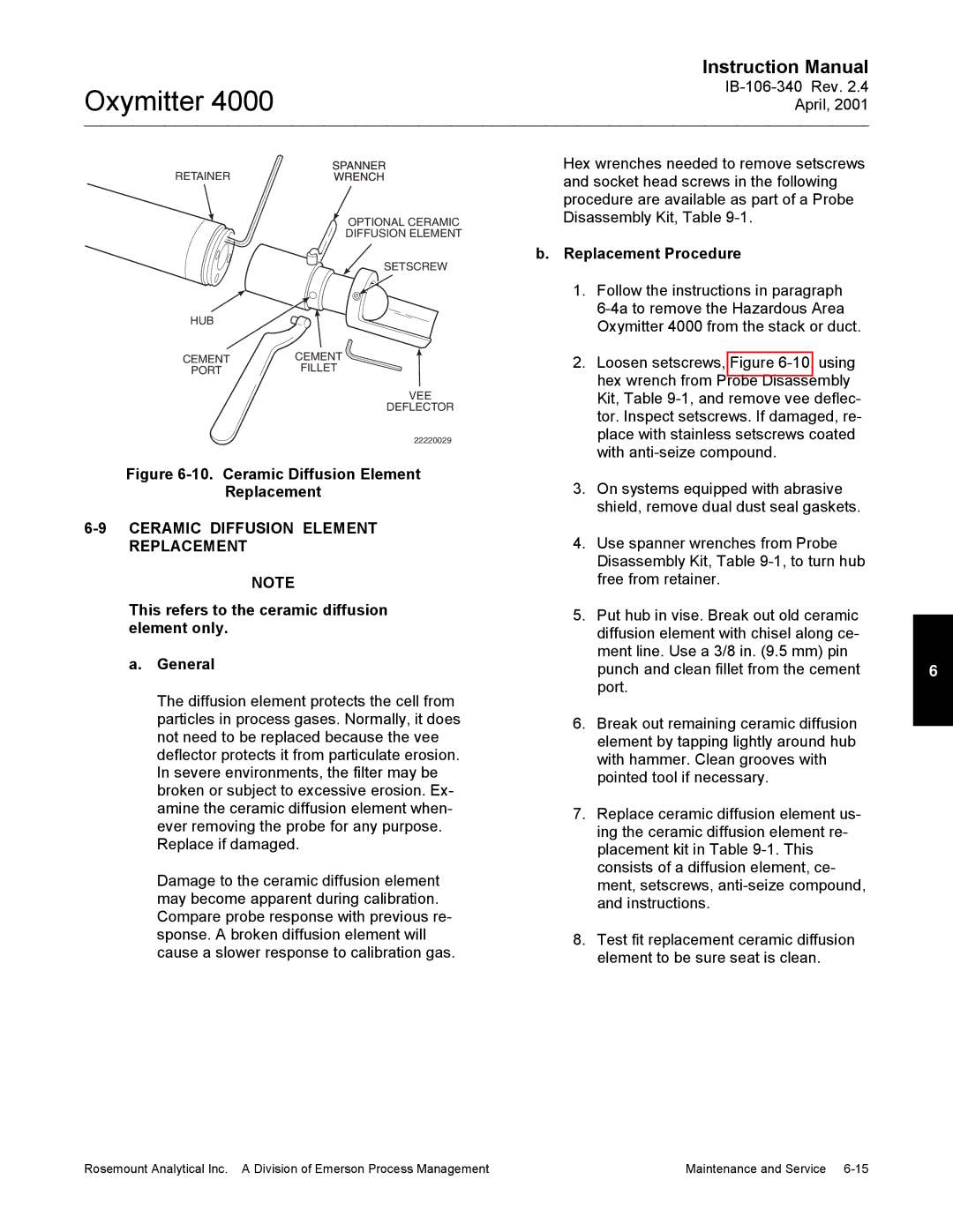 Emerson Process Management IB106-340 instruction manual Replacement Procedure, Ceramic Diffusion Element Replacement 