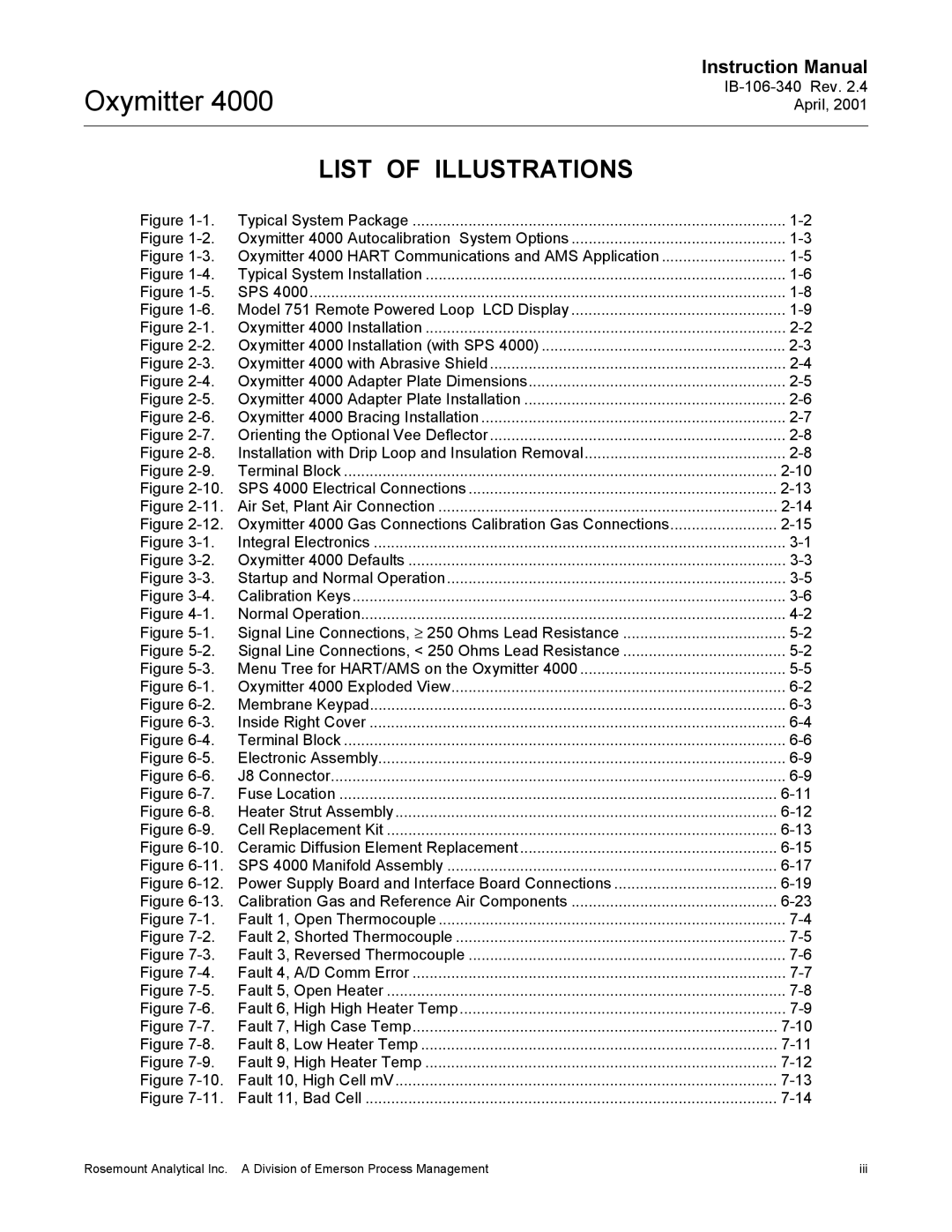 Emerson Process Management IB106-340 List of Illustrations, Oxymitter 4000 Gas Connections Calibration Gas Connections 