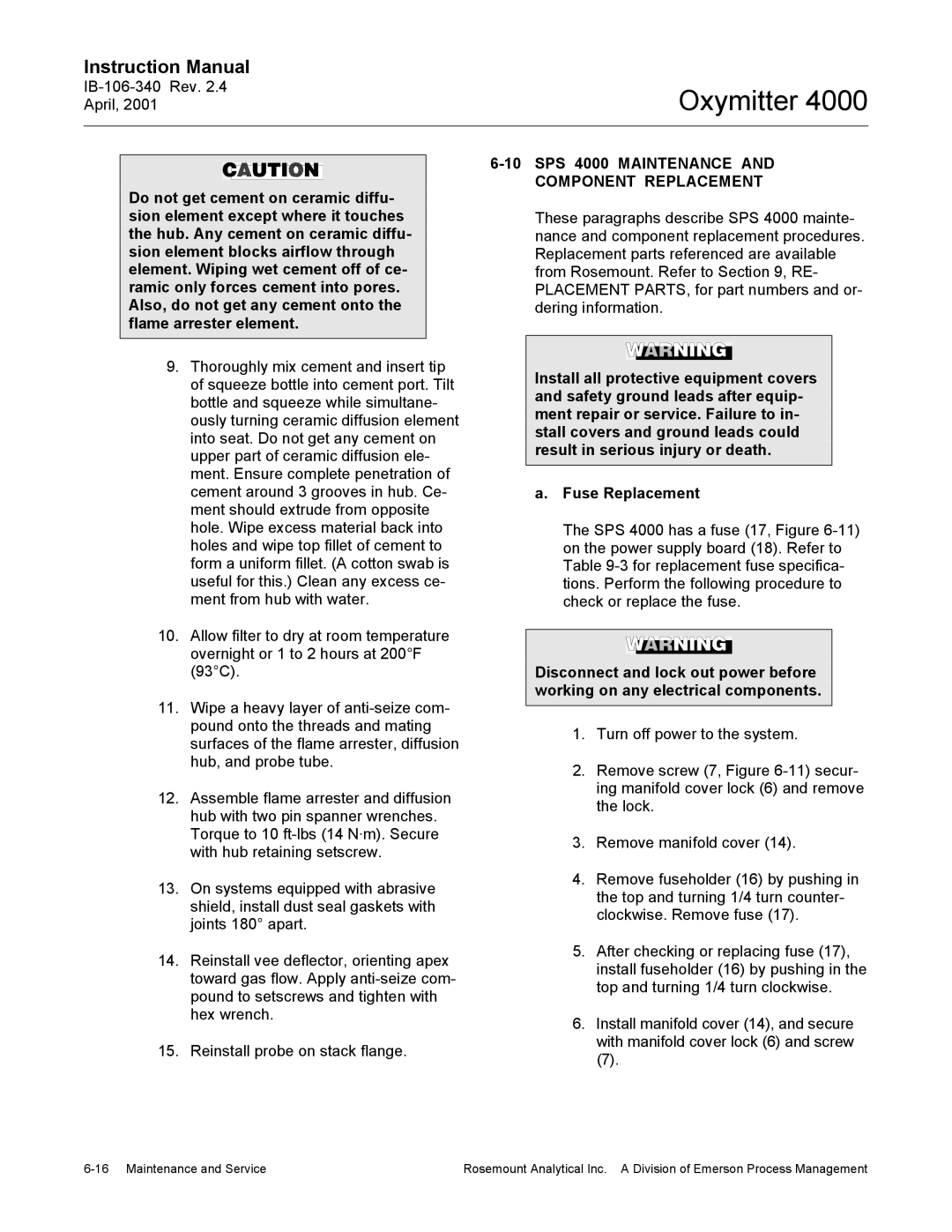 Emerson Process Management IB106-340 instruction manual SPS 4000 Maintenance and Component Replacement 