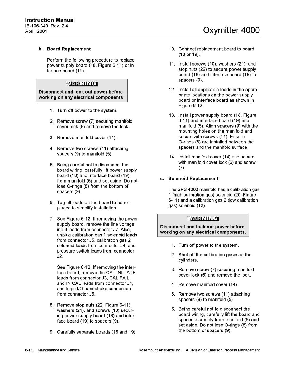 Emerson Process Management IB106-340 Board Replacement, Connect replacement board to board, 18 or, Solenoid Replacement 