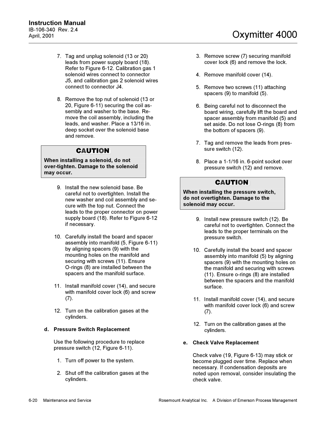 Emerson Process Management IB106-340 instruction manual Pressure Switch Replacement, Check Valve Replacement 