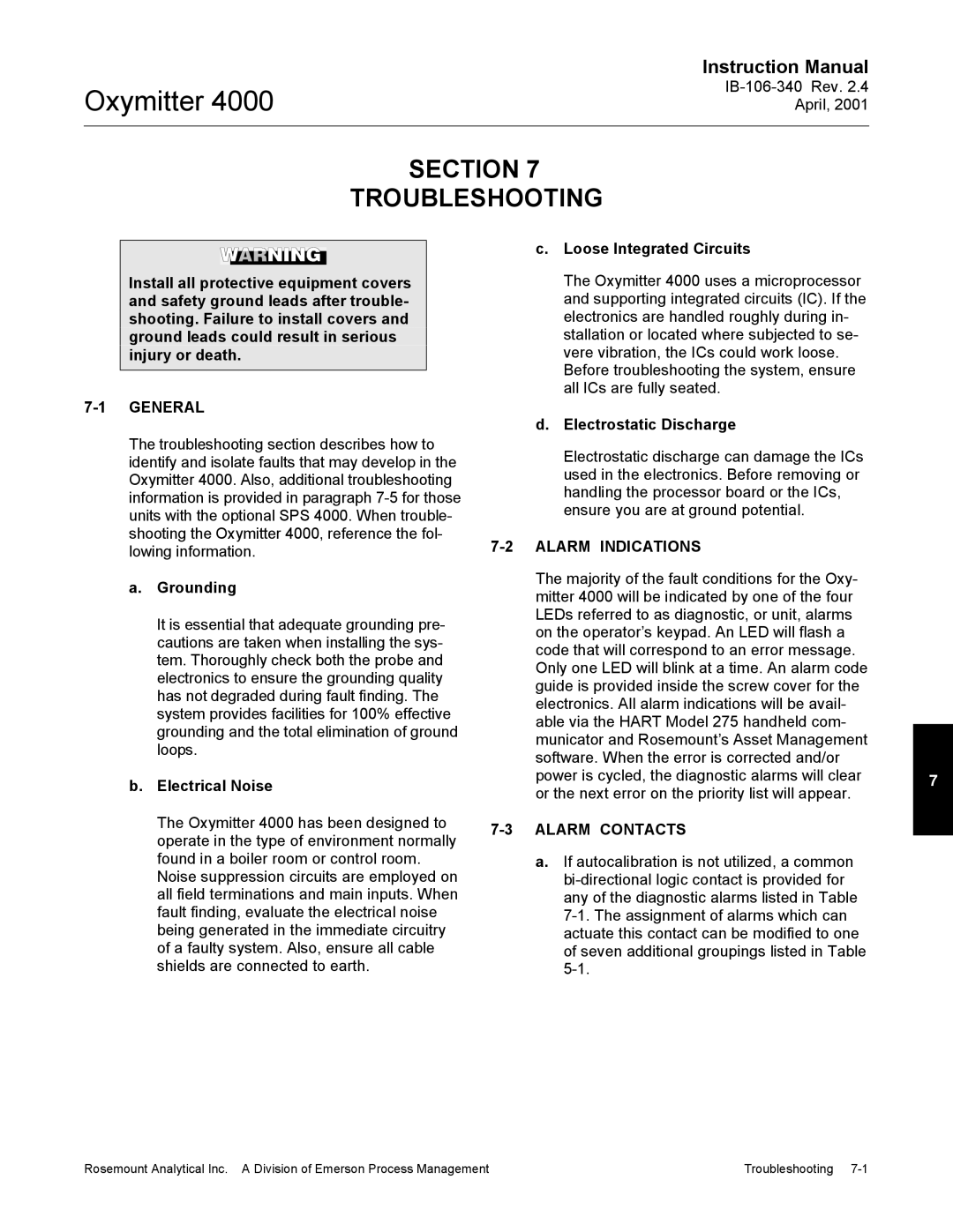 Emerson Process Management IB106-340 instruction manual Section Troubleshooting, Alarm Indications, Alarm Contacts 