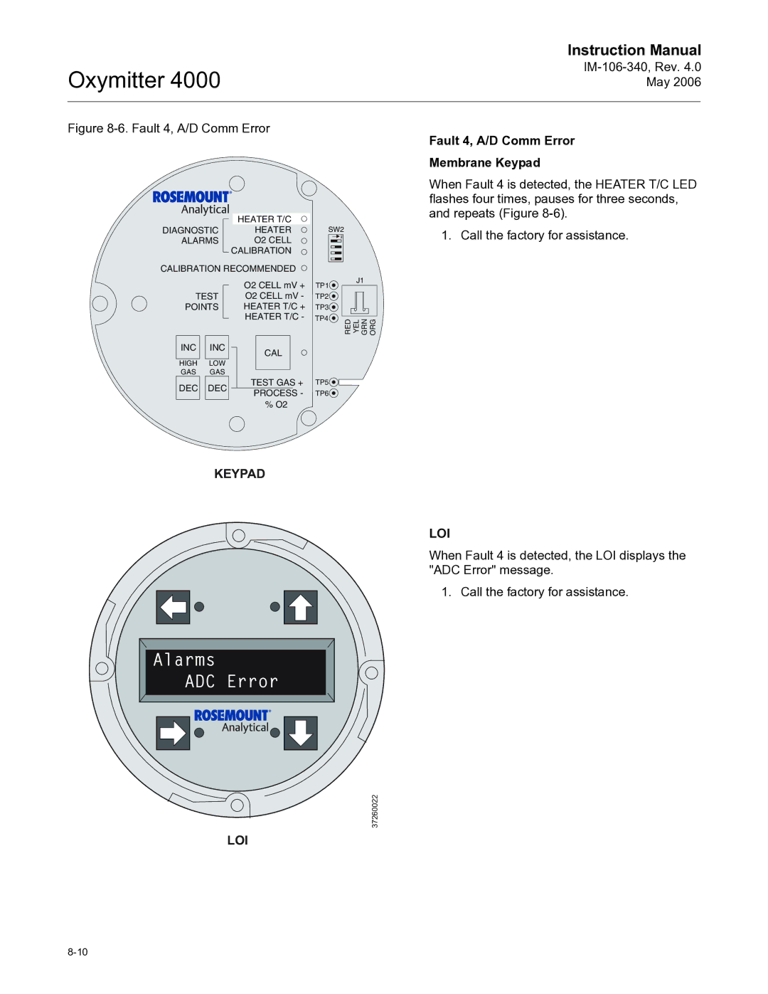 Emerson Process Management IM-106-340 instruction manual Fault 4, A/D Comm Error Membrane Keypad, Keypad LOI 