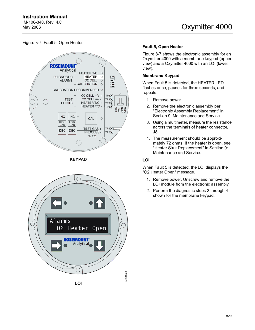 Emerson Process Management IM-106-340 instruction manual Alarms O2 Heater Open, Fault 5, Open Heater 