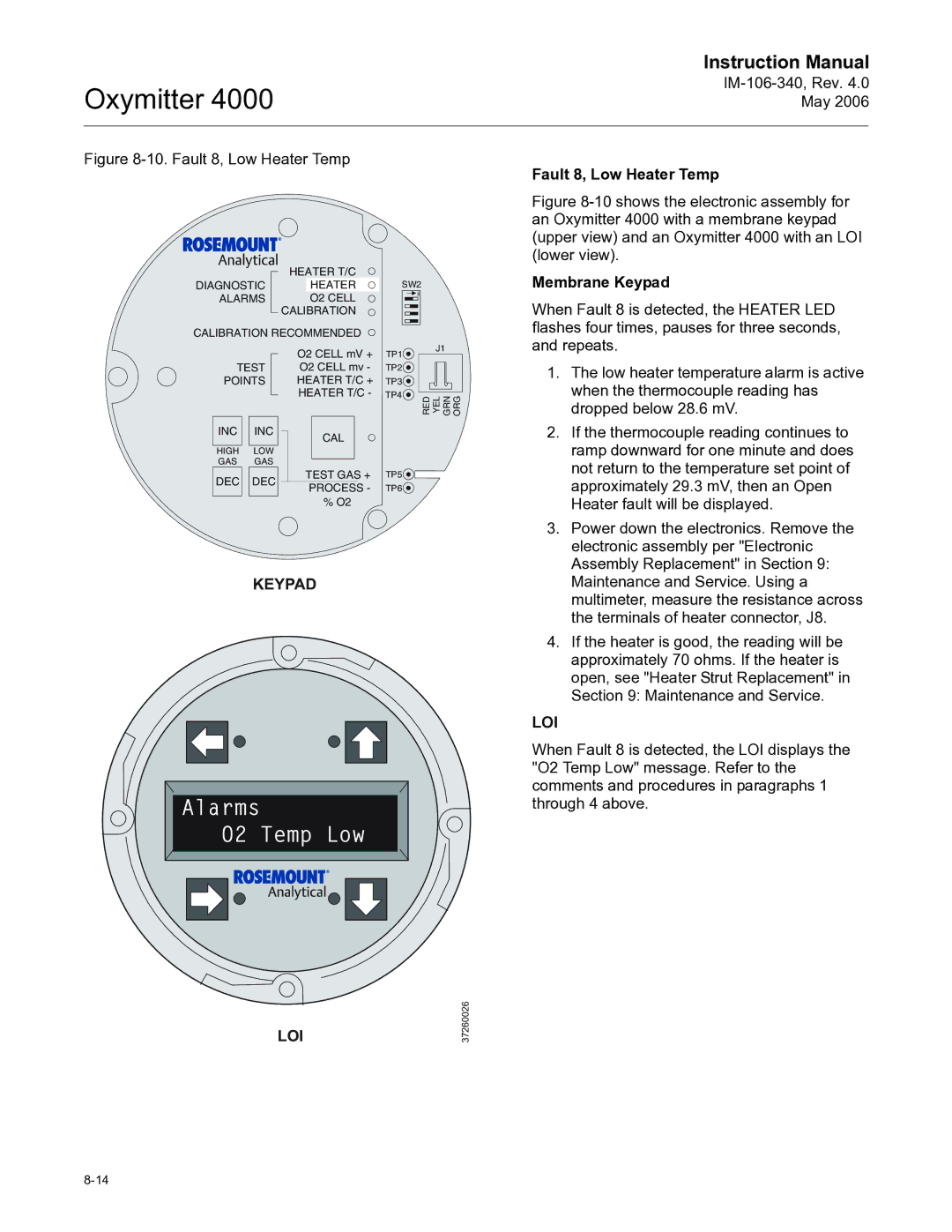 Emerson Process Management IM-106-340 instruction manual Alarms O2 Temp Low, Fault 8, Low Heater Temp 