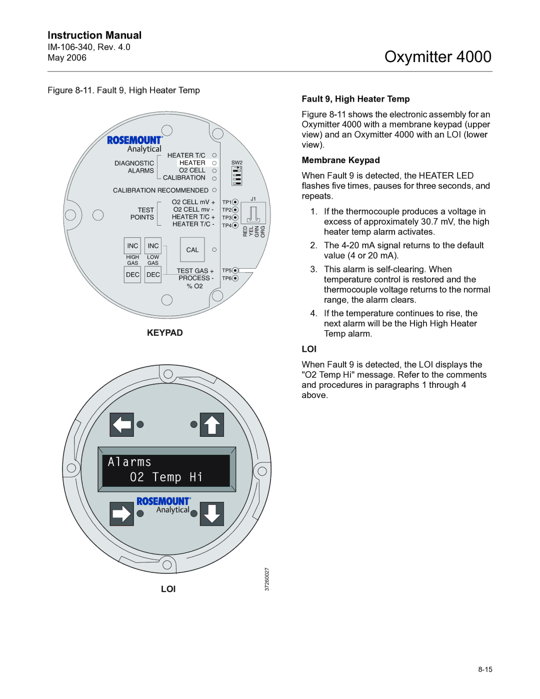 Emerson Process Management IM-106-340 instruction manual Alarms O2 Temp Hi, Fault 9, High Heater Temp 