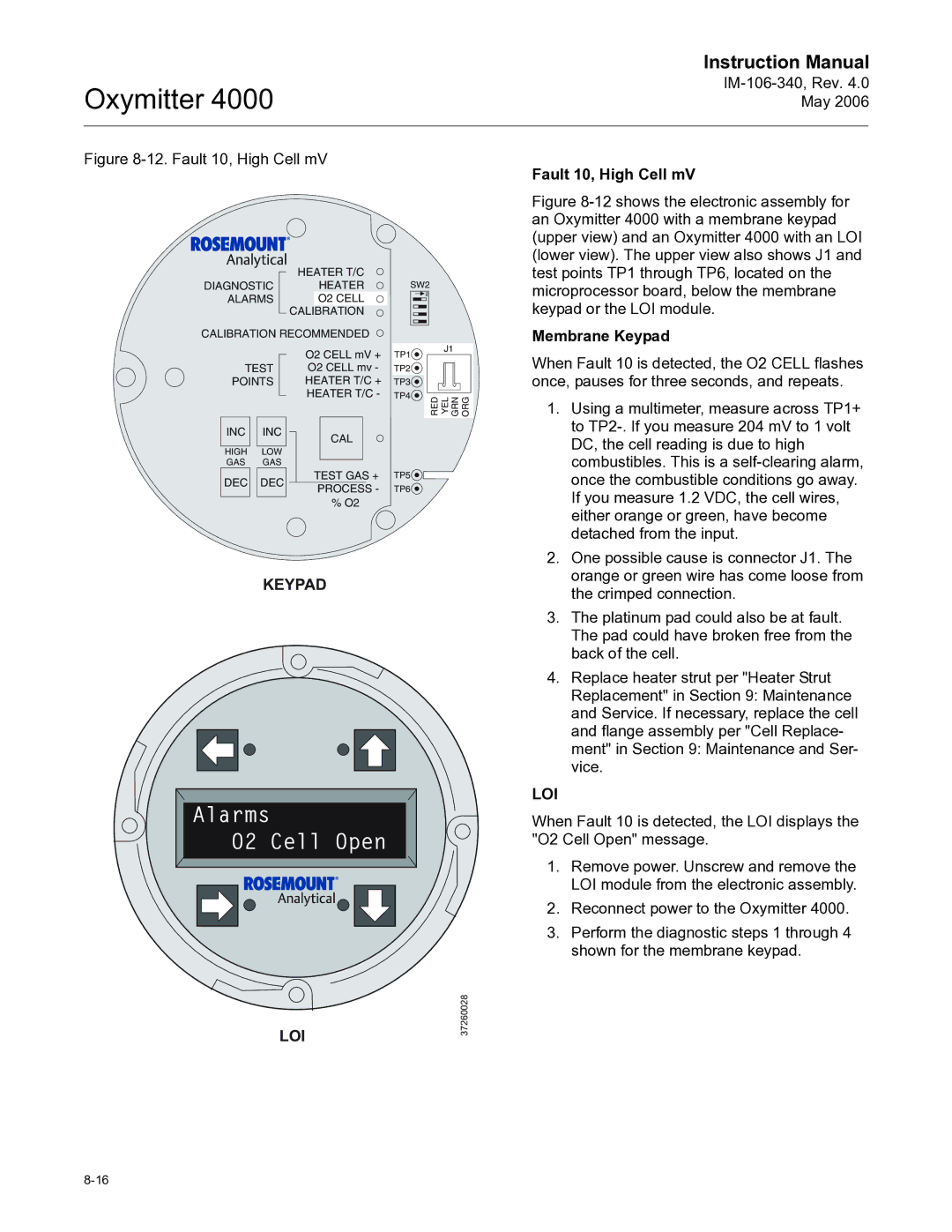 Emerson Process Management IM-106-340 instruction manual Alarms O2 Cell Open, Fault 10, High Cell mV 