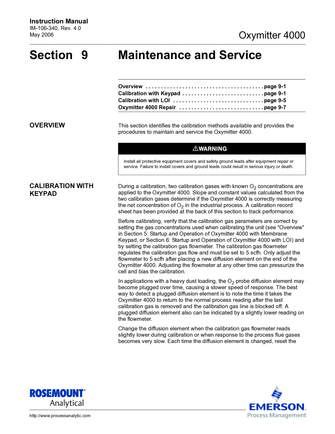 Emerson Process Management IM-106-340 instruction manual Maintenance and Service, Overview Calibration with Keypad 