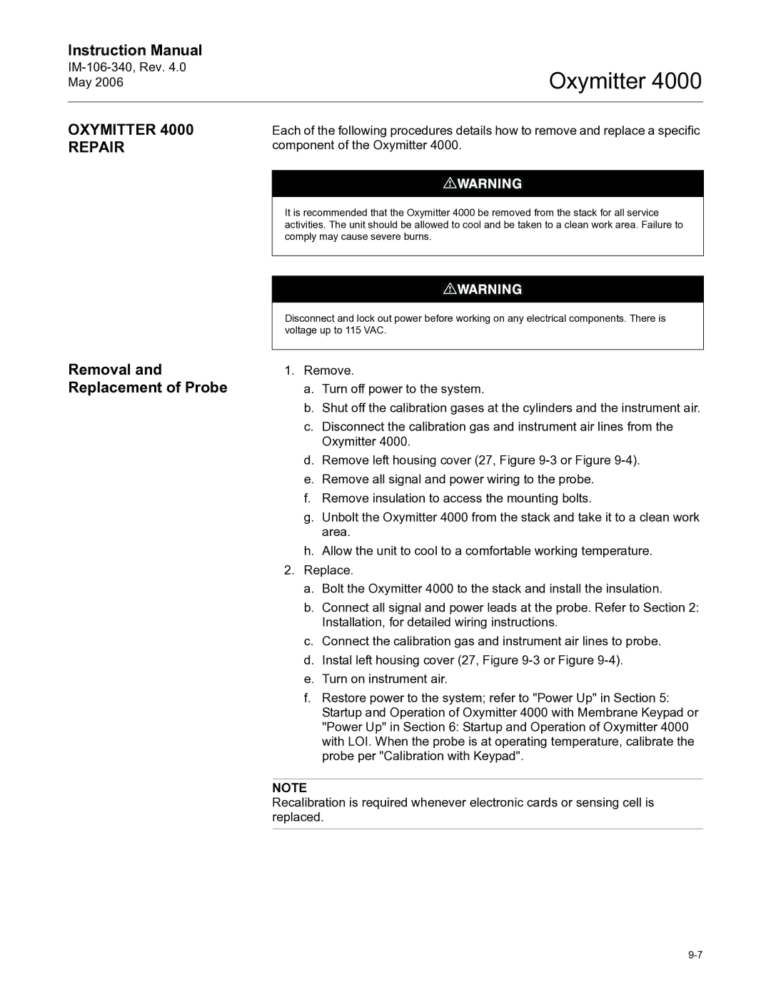 Emerson Process Management IM-106-340 instruction manual Oxymitter 4000 Repair, Removal and Replacement of Probe 