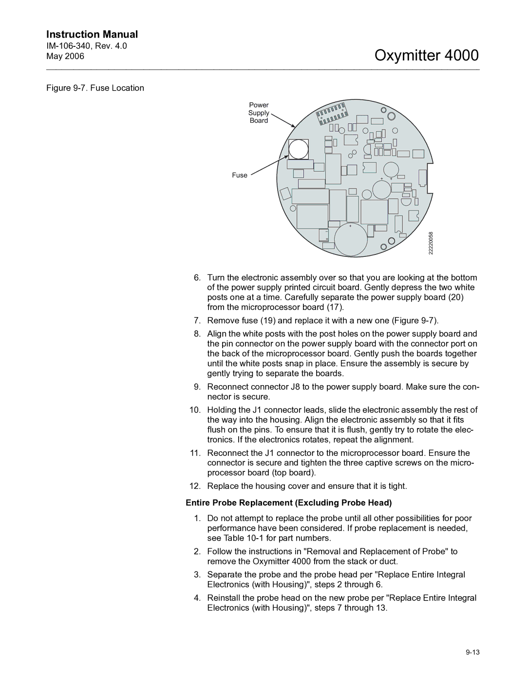 Emerson Process Management IM-106-340 instruction manual Fuse Location, Entire Probe Replacement Excluding Probe Head 