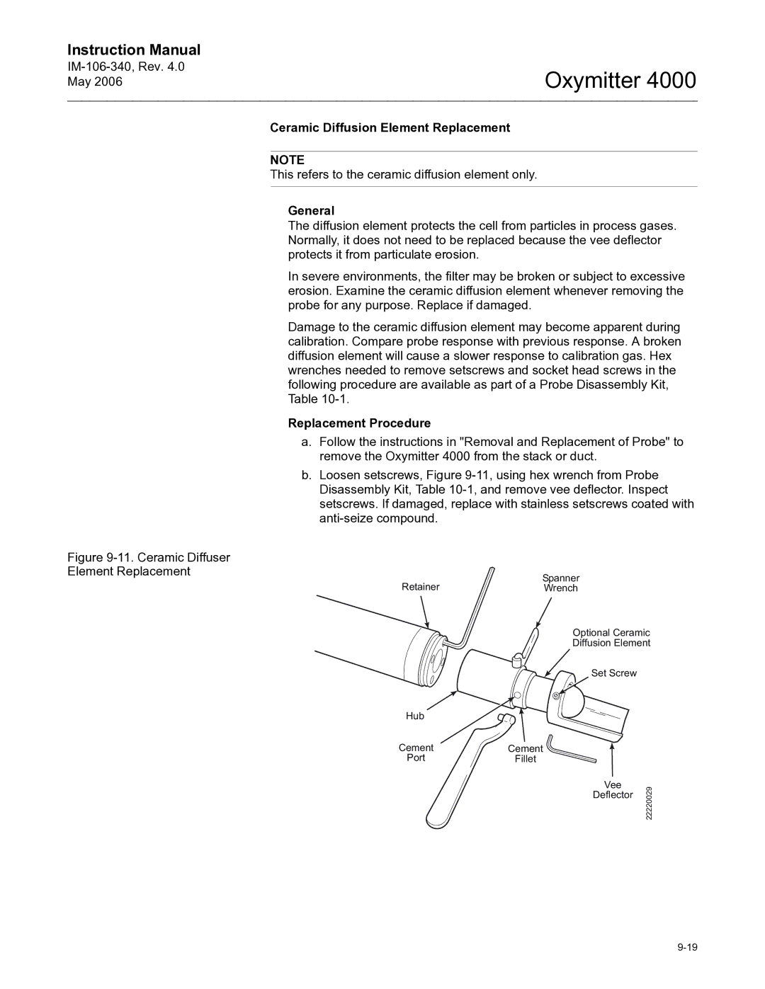 Emerson Process Management IM-106-340 Ceramic Diffusion Element Replacement, General, Replacement Procedure 