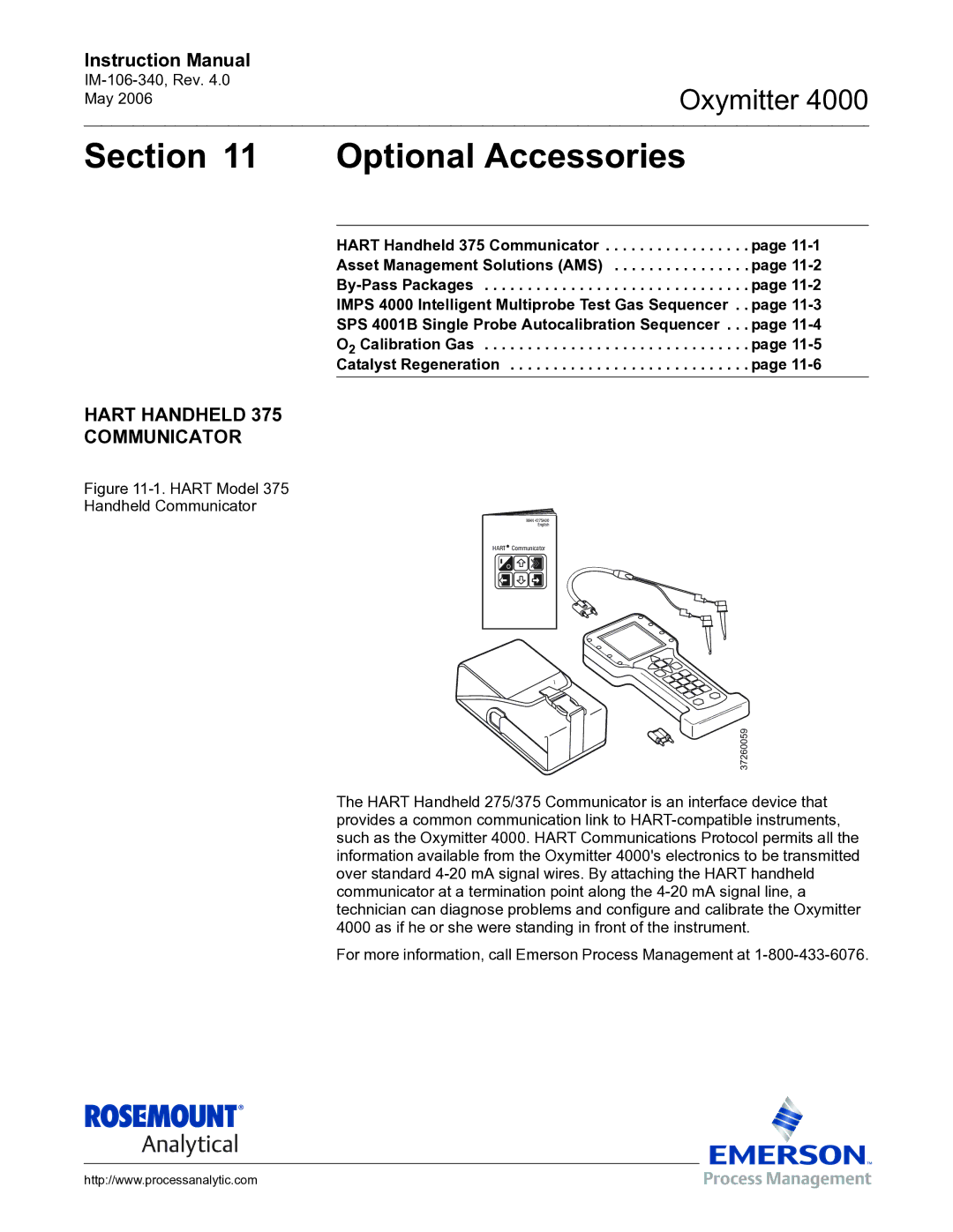 Emerson Process Management IM-106-340 instruction manual Optional Accessories, Hart Handheld Communicator 