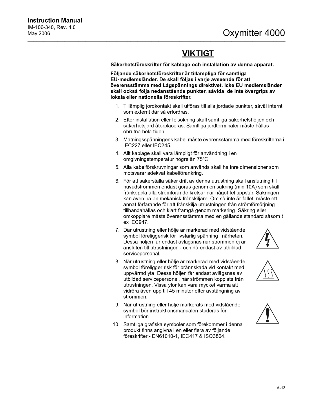 Emerson Process Management IM-106-340 instruction manual Viktigt 