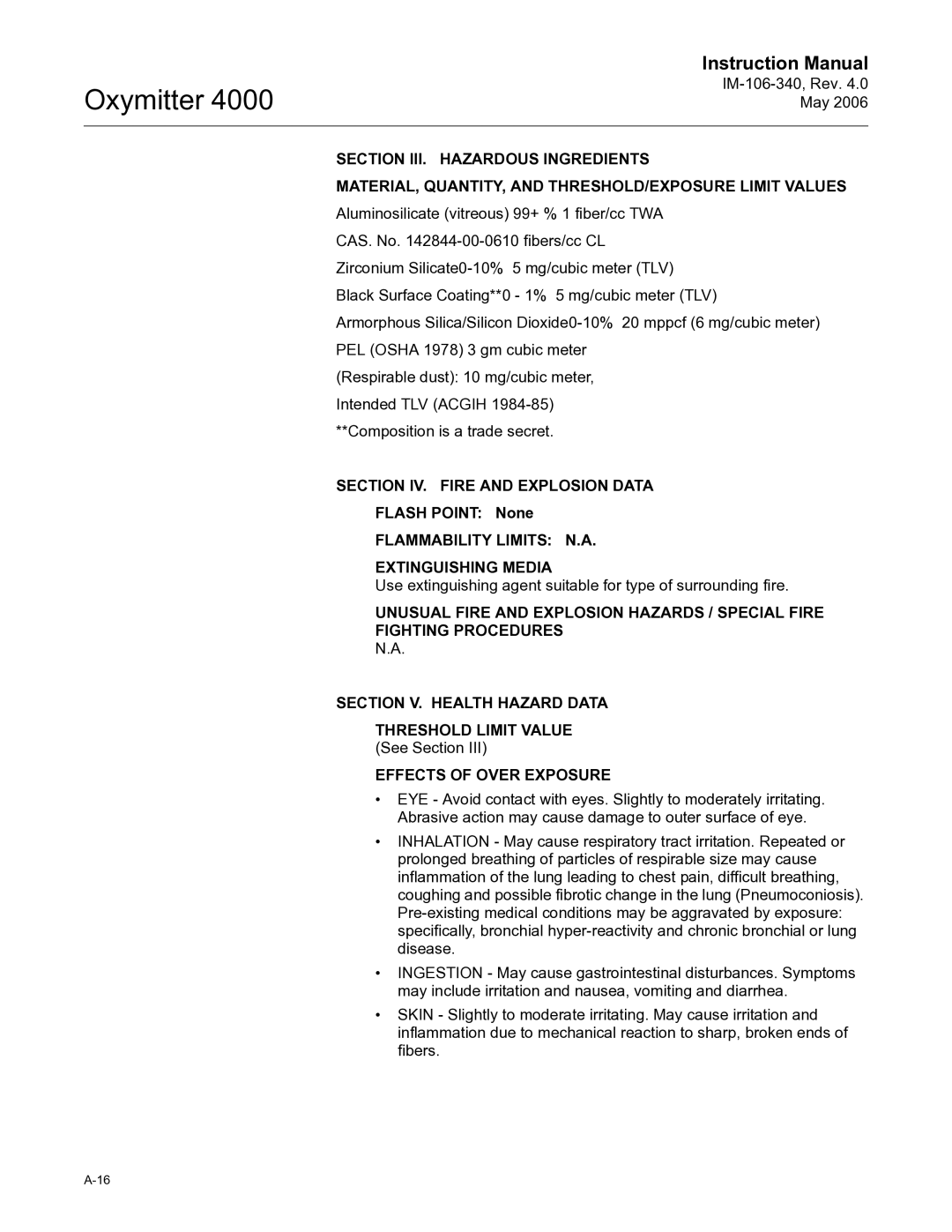 Emerson Process Management IM-106-340 Section IV. Fire and Explosion Data, Flash Point None, Effects of Over Exposure 