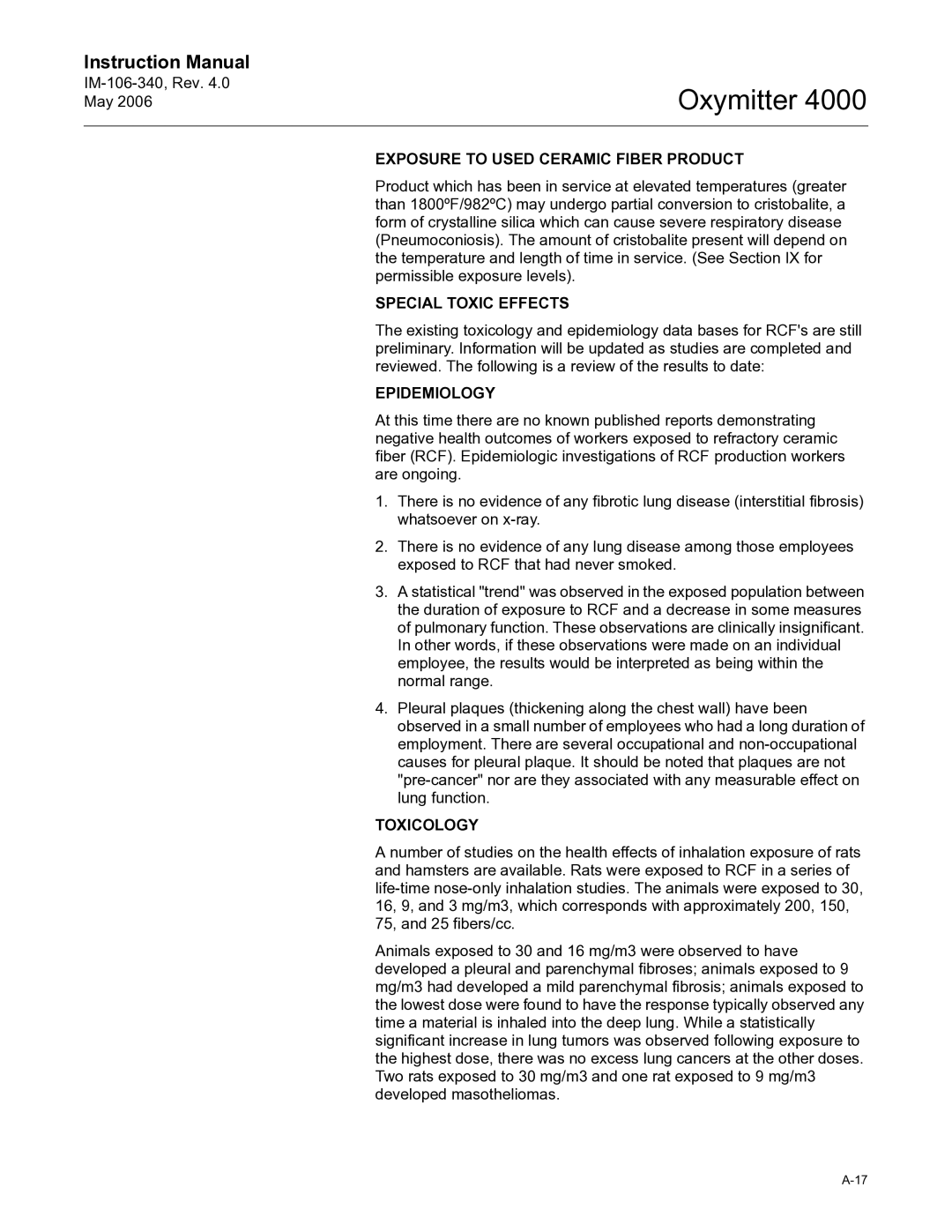 Emerson Process Management IM-106-340 Exposure to Used Ceramic Fiber Product, Special Toxic Effects, Epidemiology 