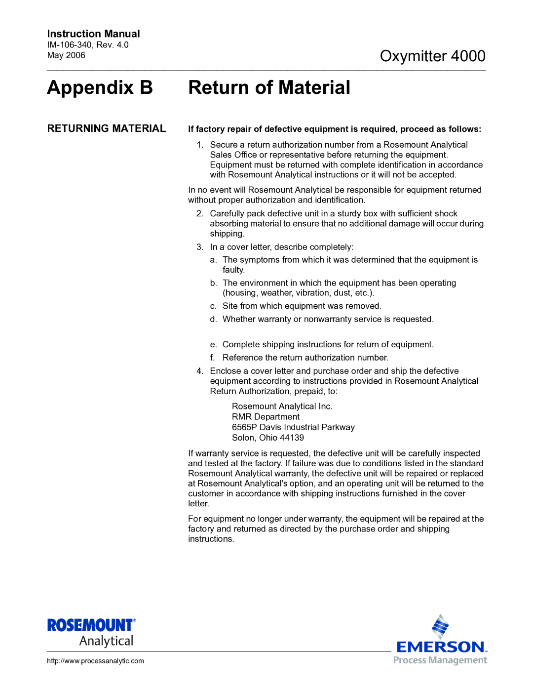 Emerson Process Management IM-106-340 instruction manual Appendix B Return of Material, Returning Material 