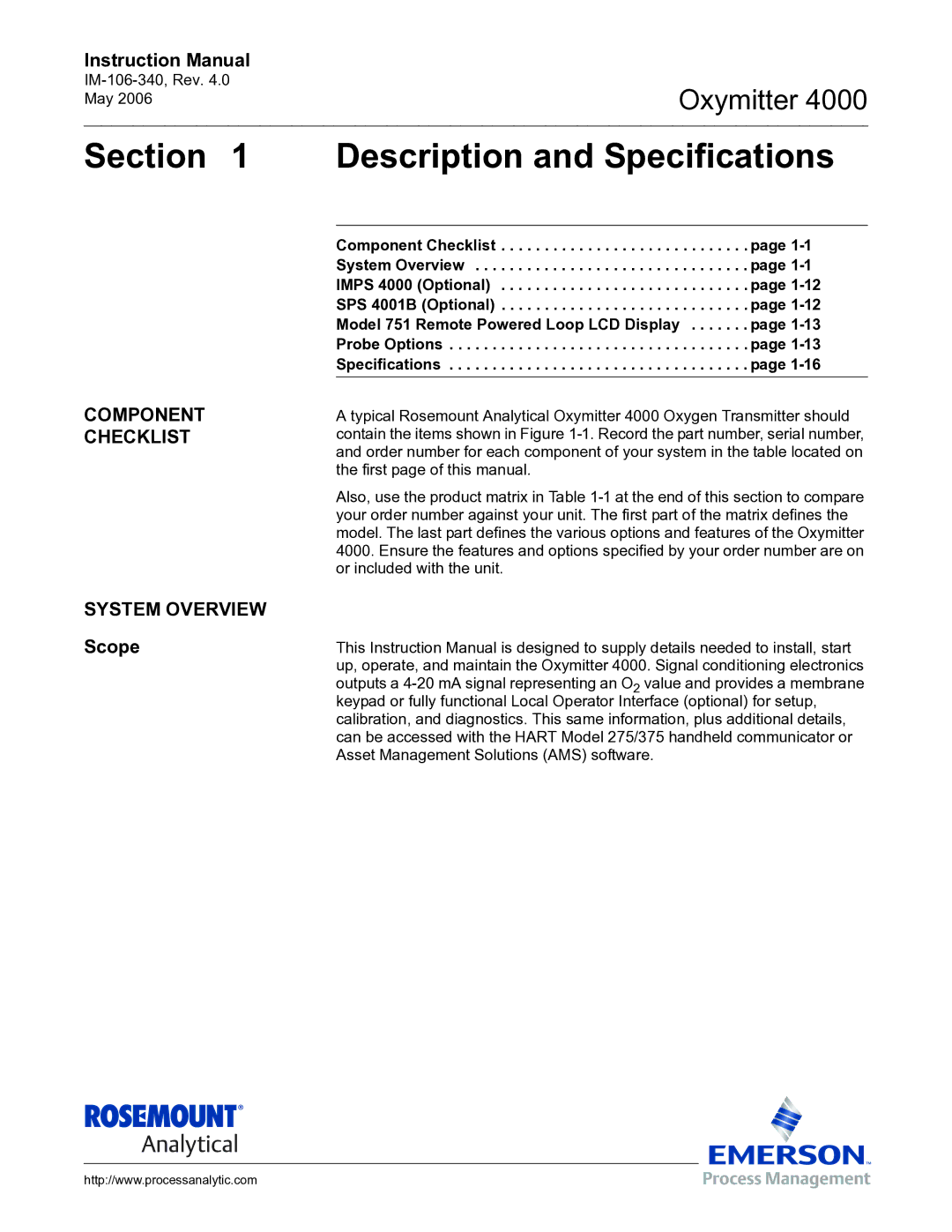 Emerson Process Management IM-106-340 Description and Specifications, Component Checklist System Overview, Scope 