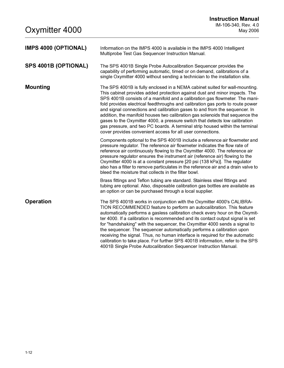 Emerson Process Management IM-106-340 instruction manual Imps 4000 Optional SPS 4001B Optional, Mounting, Operation 