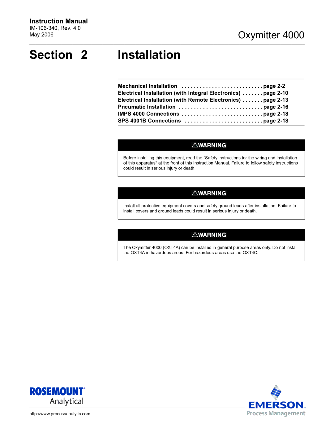 Emerson Process Management IM-106-340 instruction manual Section Installation 