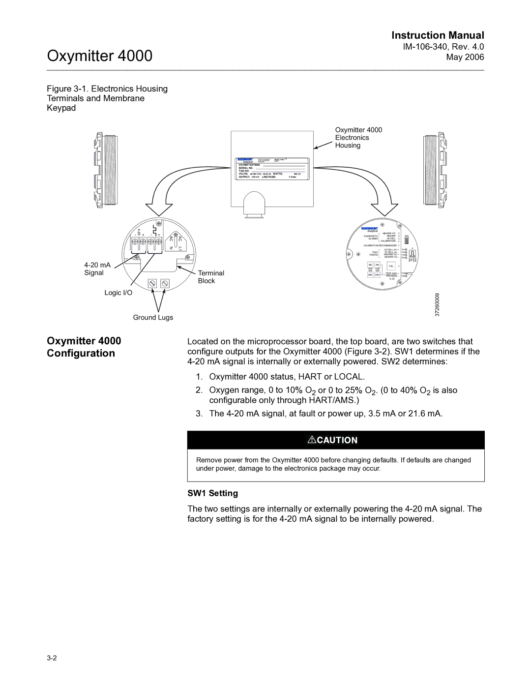 Emerson Process Management IM-106-340 instruction manual Oxymitter 4000 Configuration, SW1 Setting 