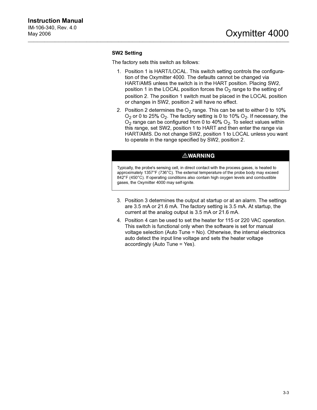 Emerson Process Management IM-106-340 instruction manual SW2 Setting 