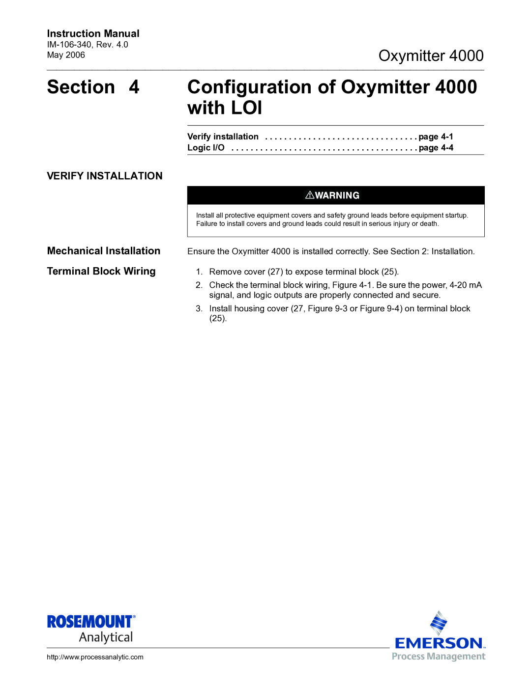 Emerson Process Management IM-106-340 instruction manual Configuration of Oxymitter 4000 with LOI, Verify Installation 