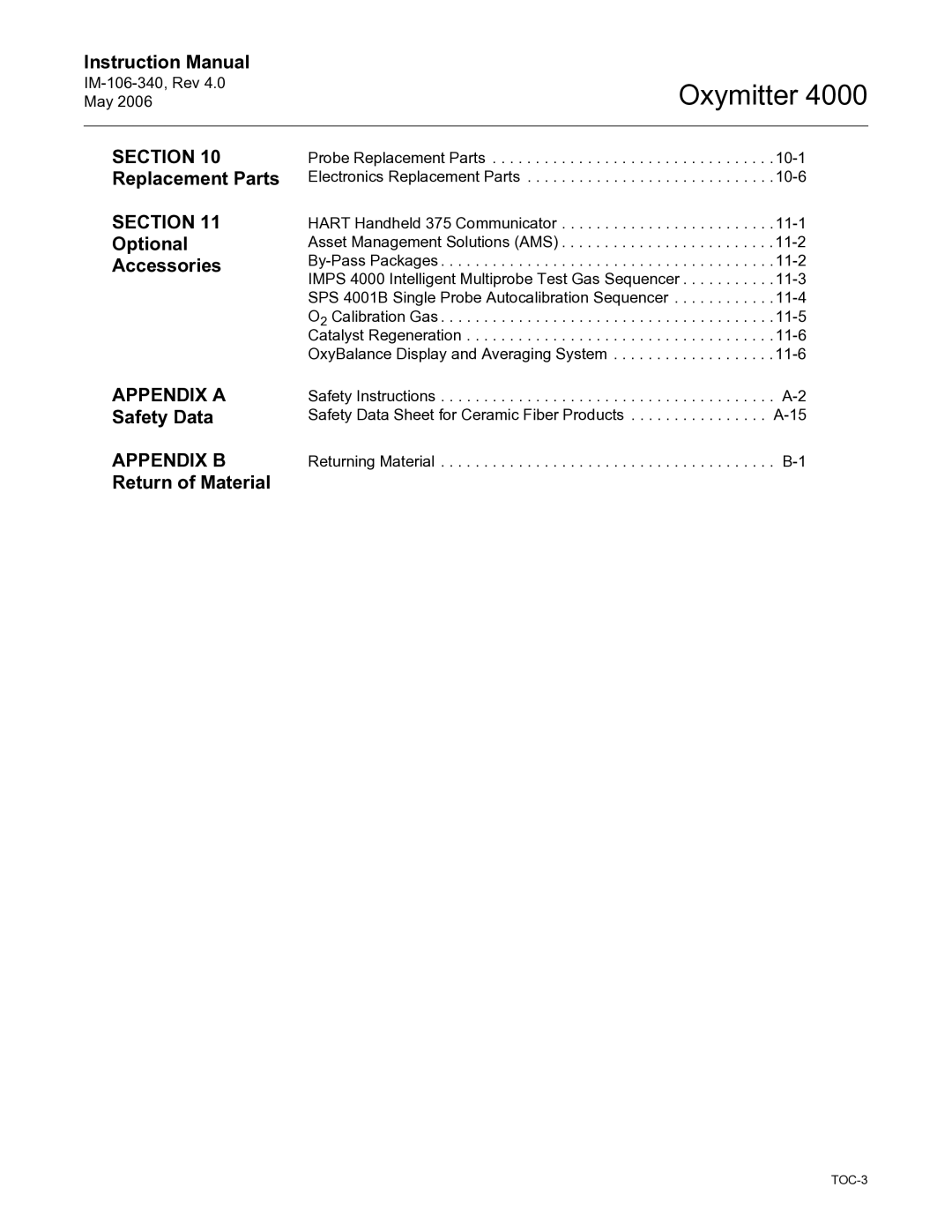 Emerson Process Management IM-106-340 instruction manual Replacement Parts, Optional Accessories, Appendix a 