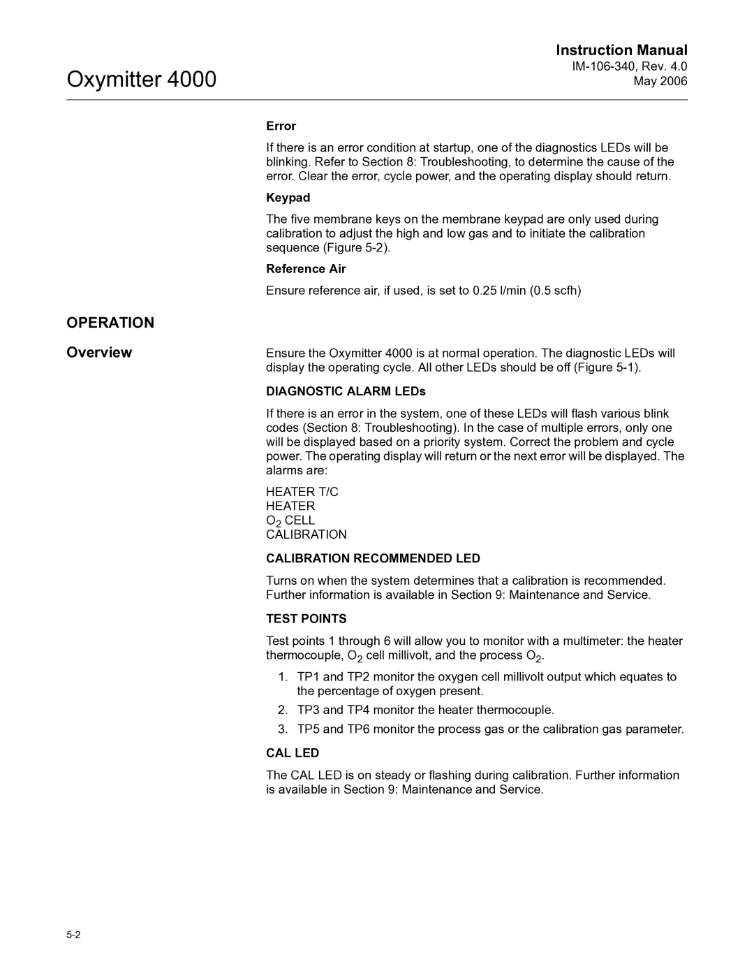 Emerson Process Management IM-106-340 Operation, Overview, Calibration Recommended LED, Test Points, Cal Led 