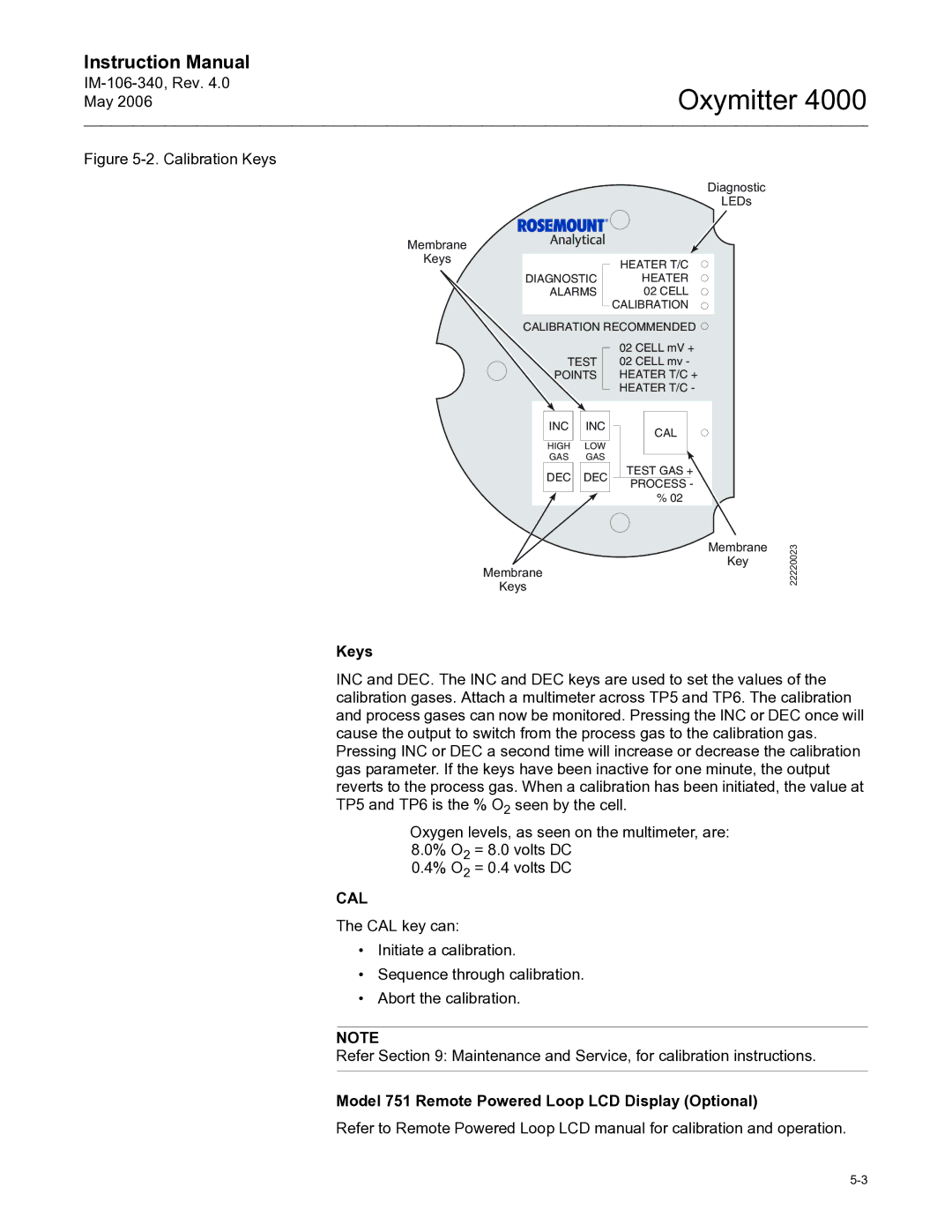 Emerson Process Management IM-106-340 instruction manual Keys, Cal, Model 751 Remote Powered Loop LCD Display Optional 