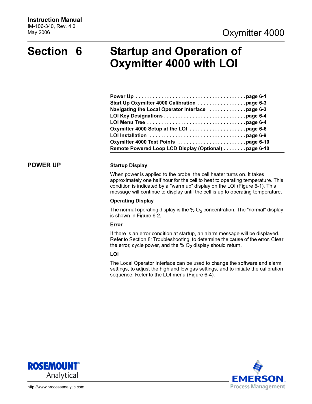 Emerson Process Management IM-106-340 instruction manual Startup and Operation of Oxymitter 4000 with LOI, Loi 