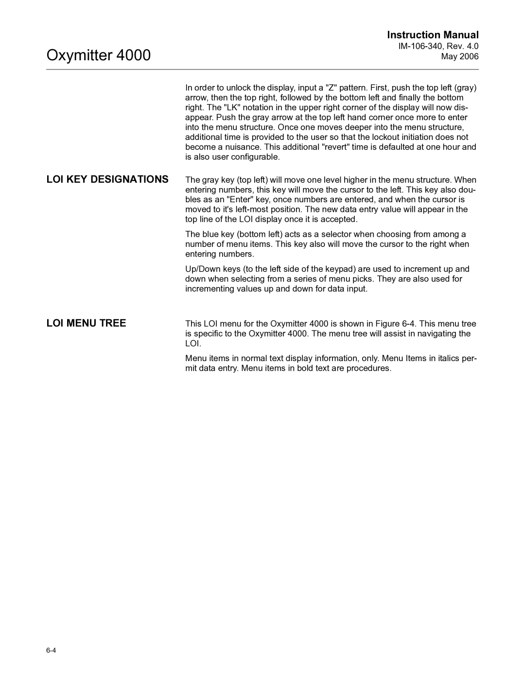 Emerson Process Management IM-106-340 instruction manual LOI KEY Designations LOI Menu Tree 