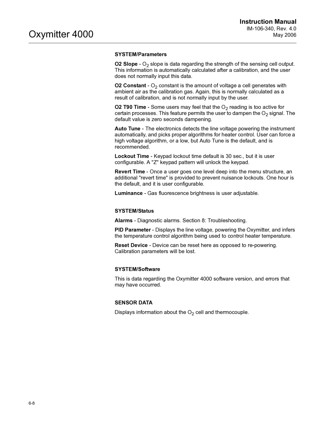 Emerson Process Management IM-106-340 instruction manual SYSTEM/Parameters, SYSTEM/Status, SYSTEM/Software, Sensor Data 