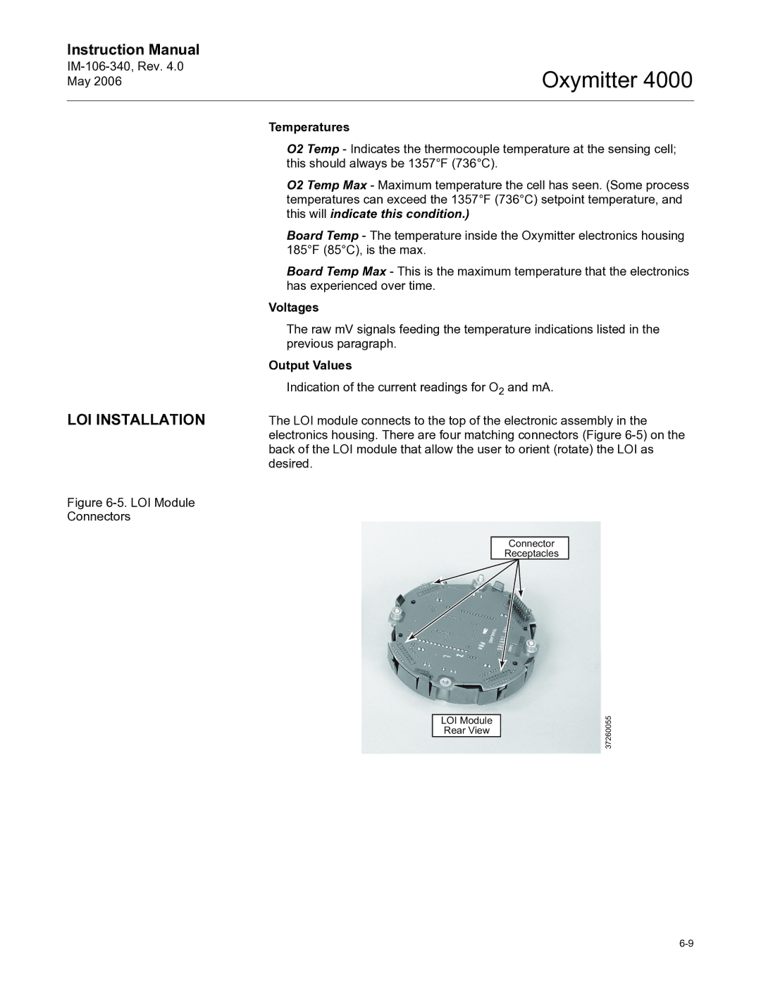 Emerson Process Management IM-106-340 instruction manual LOI Installation, Temperatures, Voltages, Output Values 